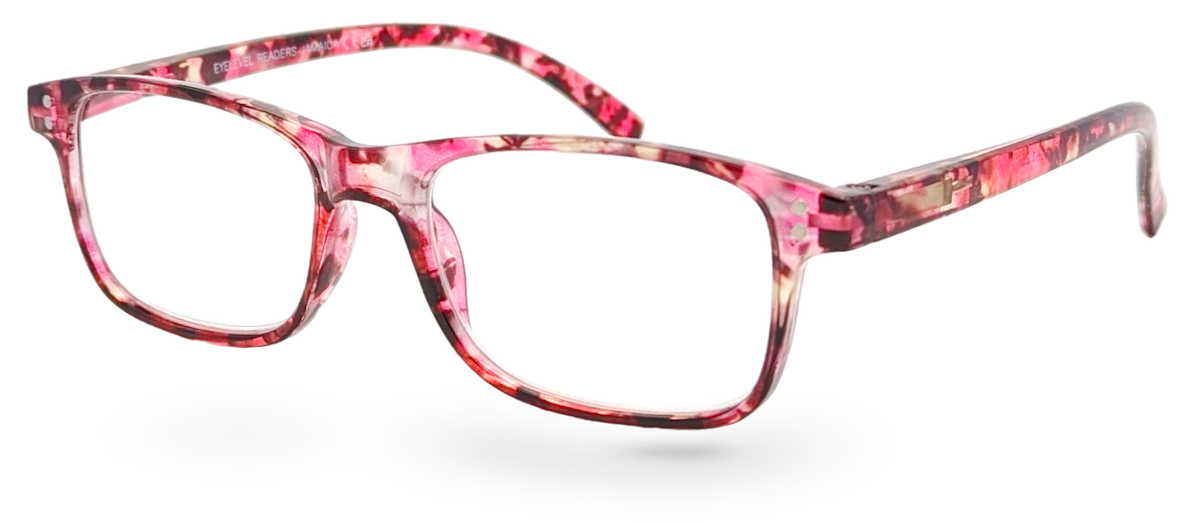 Eyelevel-UK Jamaica reading glasses with a pink and multicolour square plastic frame and clear magnifying lenses.
