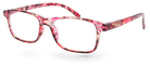 Eyelevel-UK Jamaica reading glasses with a pink and multicolour square plastic frame and clear magnifying lenses.