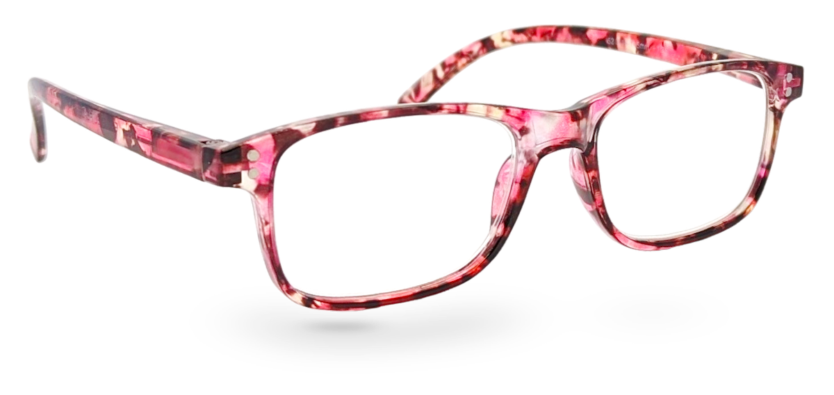 Eyelevel-UK Jamaica reading glasses featuring a pink and multicolour square plastic frame with clear magnifying lenses.