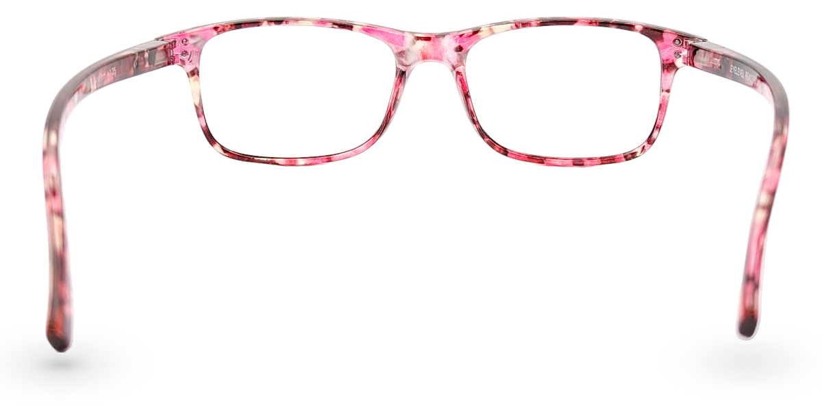 Eyelevel-UK Jamaica reading glasses with a pink multicolour square plastic frame viewed from the back