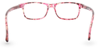 Eyelevel-UK Jamaica reading glasses with a pink multicolour square plastic frame viewed from the back