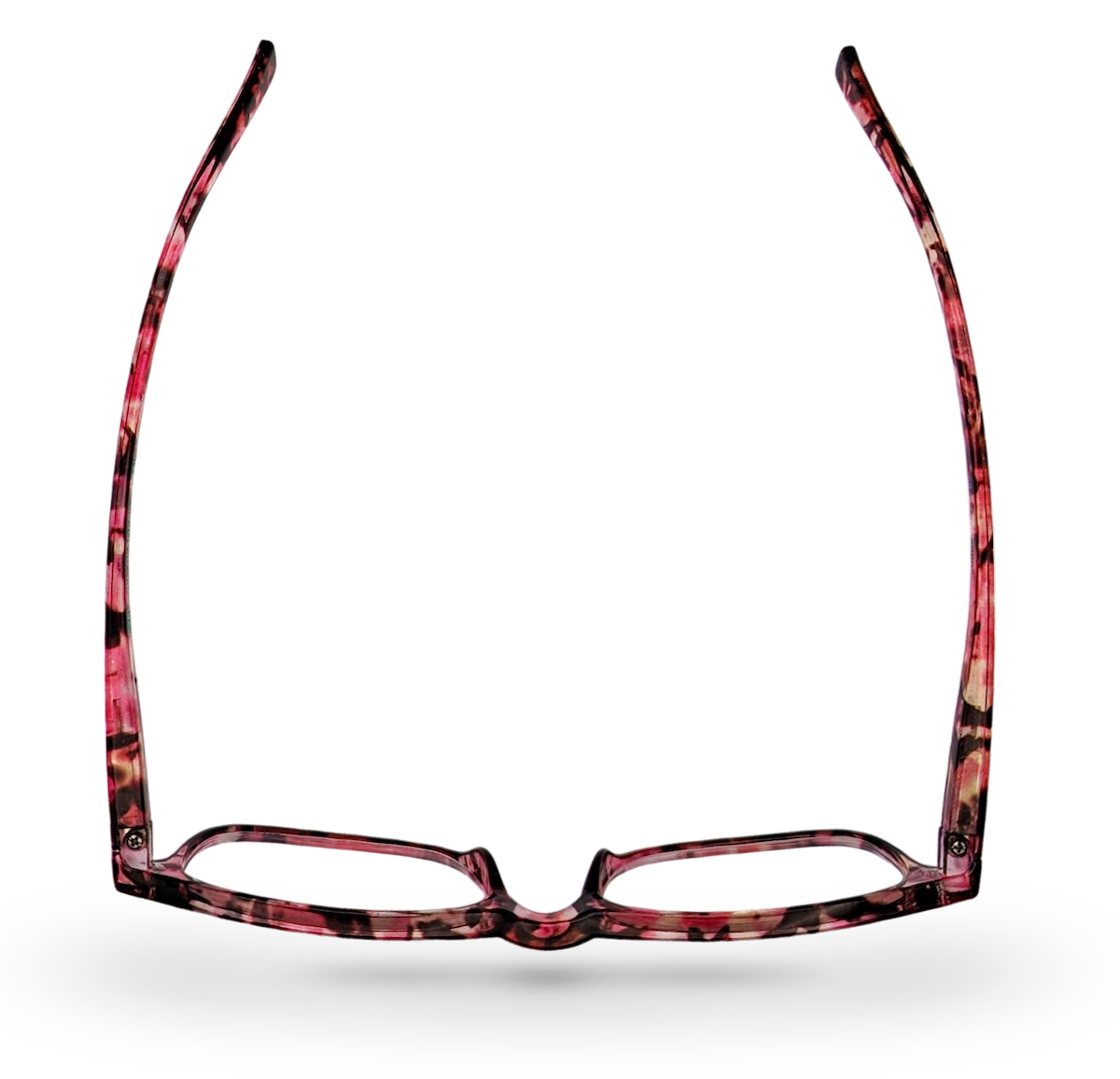 Eyelevel-UK Jamaica reading glasses with a pink and multicolour square plastic frame, viewed from above.