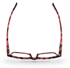 Eyelevel-UK Jamaica reading glasses with a pink and multicolour square plastic frame, viewed from above.
