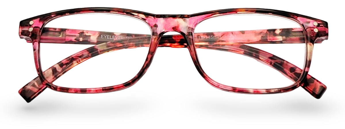 Eyelevel-UK Jamaica reading glasses featuring a pink and multicolour square plastic frame with clear magnifying lenses.