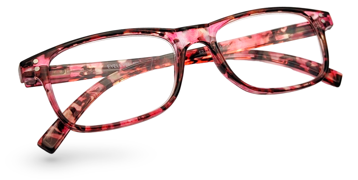 Eyelevel-UK Jamaica reading glasses with a pink and multicolour square plastic frame and clear magnifying lenses.