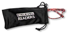 Eyelevel-UK Jamaica square reading glasses with pink multicolour frames peeking out of a black branded storage pouch.