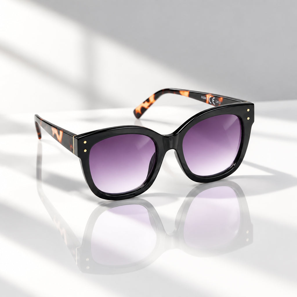 Eyelevel-UK Jessica square sunglasses with a black and tortoiseshell frame and purple gradient lenses