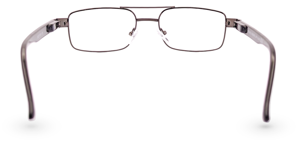 Eyelevel-UK Jury black rectangular reading glasses with a semi-rimless grey metal frame and clear magnifying lenses.