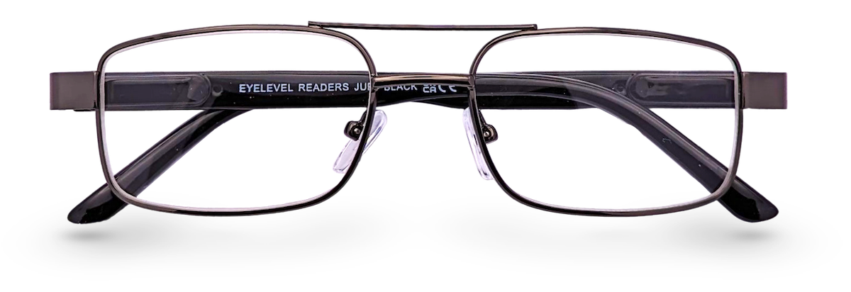 Eyelevel-UK Jury Black rectangular reading glasses with a grey semi-rimless frame and clear magnifying lenses.
