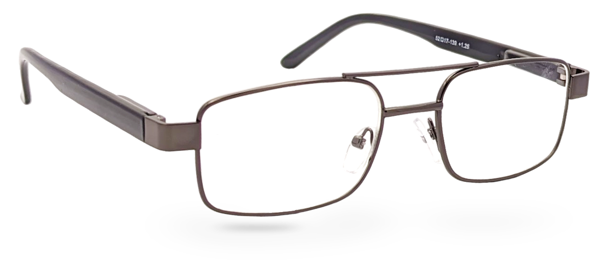Eyelevel-UK Jury black rectangular reading glasses with a semi-rimless grey metal frame and clear magnifying lenses.