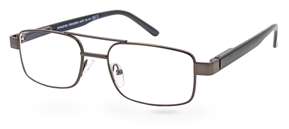 Eyelevel-UK Jury Black reading glasses with a grey rectangular semi-rimless frame and clear magnifying lenses.