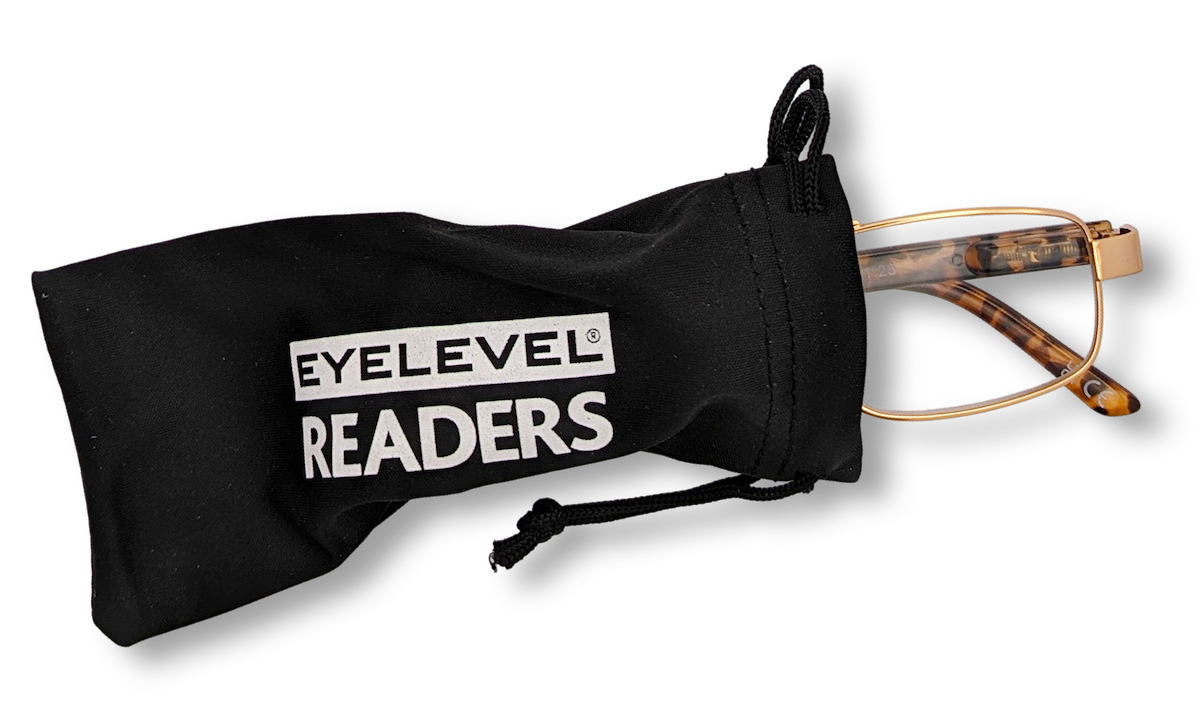 Eyelevel-UK Jury brown rectangular reading glasses with gold and tortoiseshell frame inside a black branded pouch