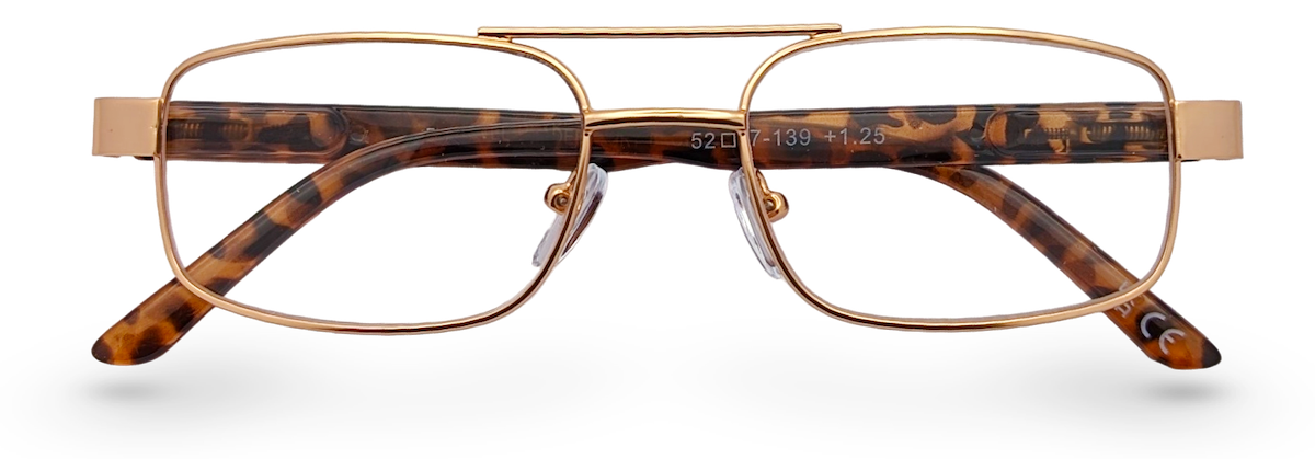 Eyelevel-UK Jury Brown reading glasses with a gold and tortoiseshell rectangular frame and clear magnifying lenses.