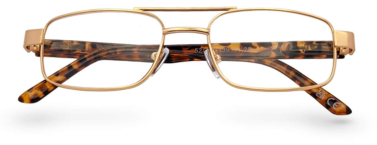 Eyelevel-UK Jury Brown reading glasses featuring a gold rectangular frame with tortoiseshell temples and clear lenses.