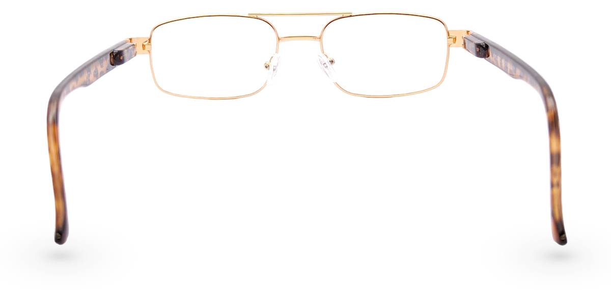 Eyelevel-UK Jury brown rectangular reading glasses with a gold metal frame and tortoiseshell patterned temples.