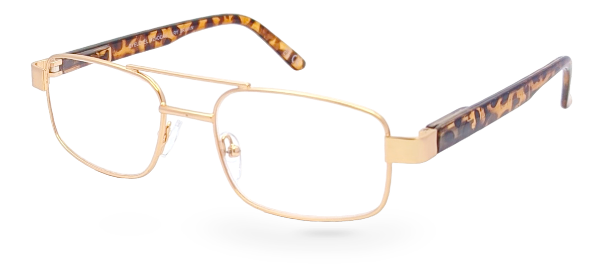 Eyelevel-UK Jury Brown rectangular reading glasses with gold metal frames and tortoiseshell patterned arms