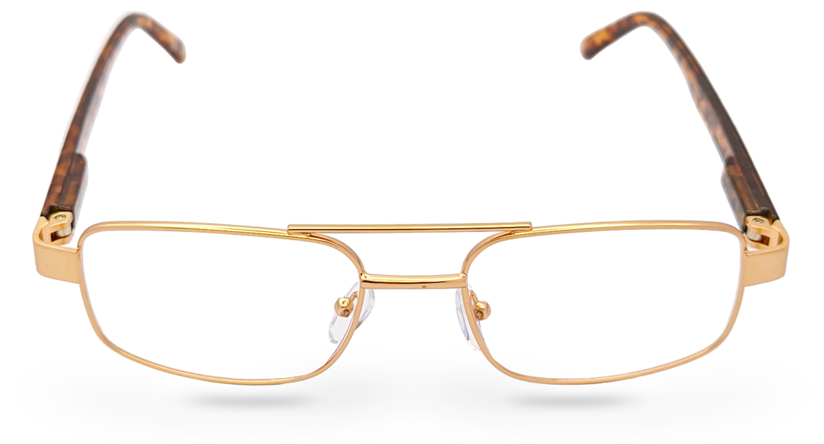 Eyelevel-UK Jury Brown rectangular reading glasses with a gold metal frame and tortoiseshell temples