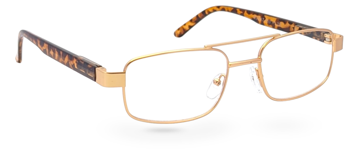 Eyelevel-UK Jury Brown rectangular reading glasses with a gold metal frame and tortoiseshell patterned temples.