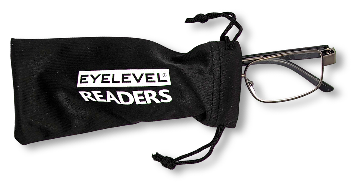 Eyelevel-UK Jury black rectangular reading glasses partially inside a black branded drawstring storage pouch