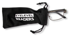 Eyelevel-UK Jury black rectangular reading glasses partially inside a black branded drawstring storage pouch