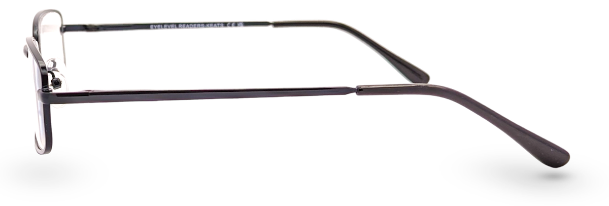 Eyelevel-UK Keats reading glasses featuring a dark grey rectangular metal frame in a side profile view.