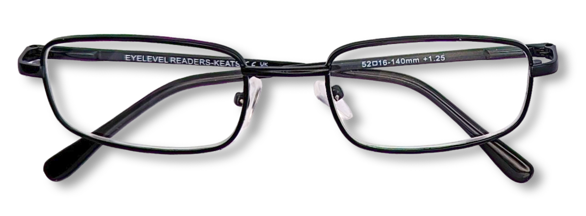 Eyelevel-UK Keats reading glasses featuring a dark grey rectangular metal frame and clear magnifying lenses.