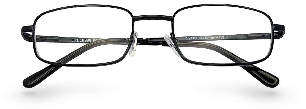 Eyelevel-UK Keats reading glasses with a dark grey rectangular metal frame and clear magnifying lenses.