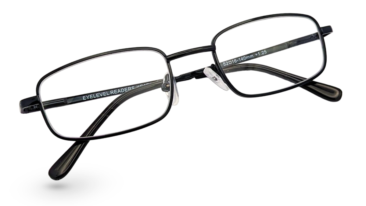 Eyelevel-UK Keats reading glasses with a dark grey rectangular metal frame and clear magnifying lenses.