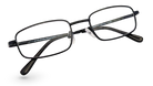 Eyelevel-UK Keats reading glasses with a dark grey rectangular metal frame and clear magnifying lenses.