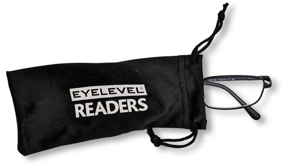 Eyelevel-UK Keats reading glasses with dark grey rectangular metal frames inside a black branded drawstring pouch.