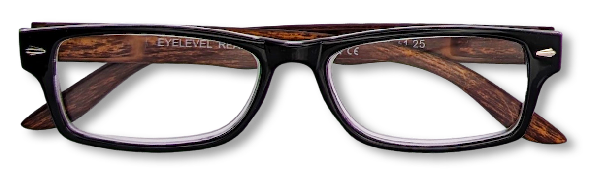 Eyelevel-UK Kennedy reading glasses with a black and wood effect rectangular plastic frame and clear lenses.