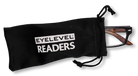 Eyelevel-UK Kennedy reading glasses with wood effect rectangular frames inside a black branded drawstring pouch