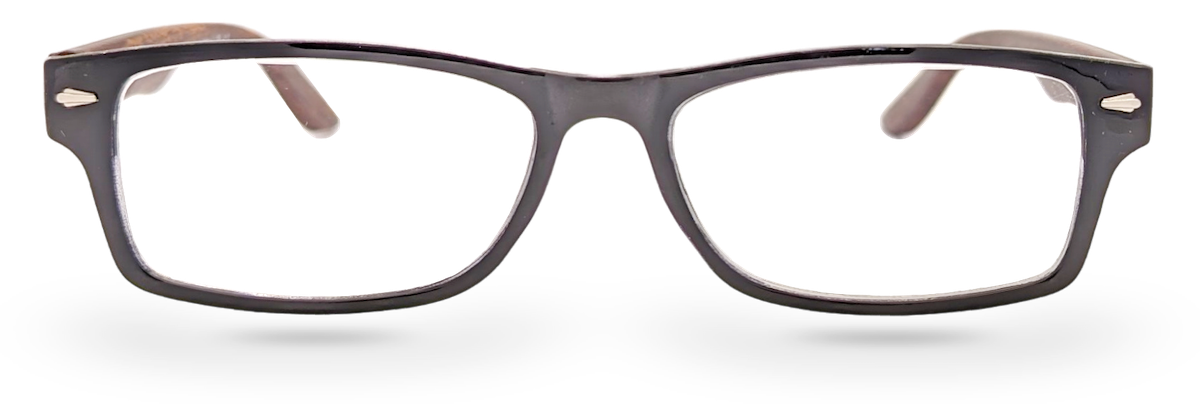 Eyelevel-UK Kennedy rectangular reading glasses with a black and wood effect frame and clear magnifying lenses.