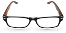Eyelevel-UK Kennedy reading glasses with a black and wood effect rectangular frame and clear magnifying lenses.