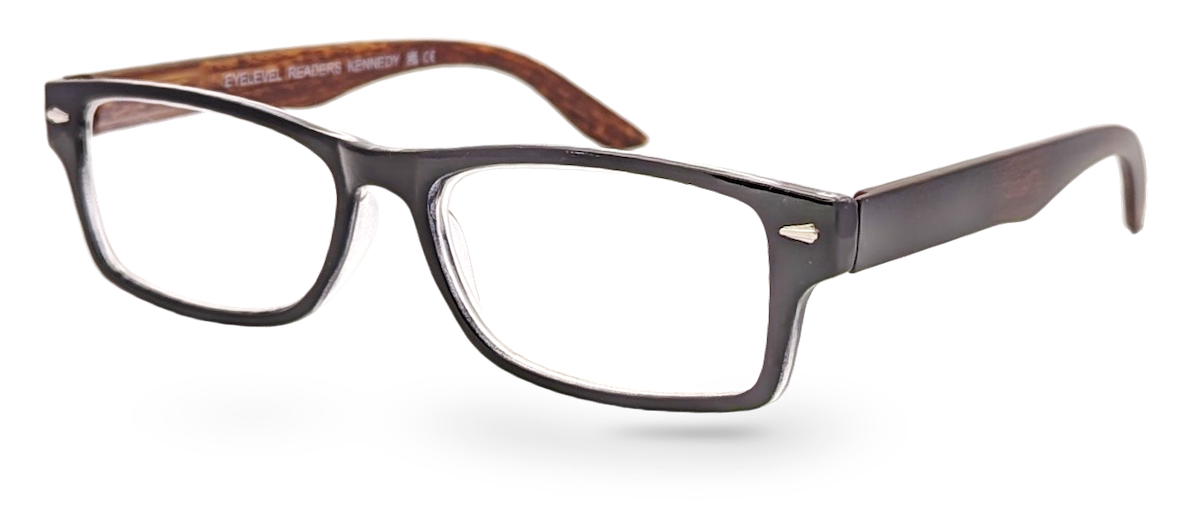 Eyelevel-UK Kennedy reading glasses with a black and wood effect rectangular frame and clear magnifying lenses.