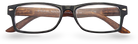 Eyelevel-UK Kennedy reading glasses with a black and wood effect rectangular frame and clear magnifying lenses.