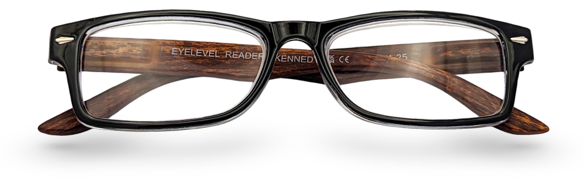 Eyelevel-UK Kennedy rectangular reading glasses with a black and wood effect frame and clear magnifying lenses