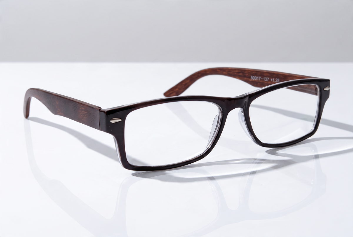 Eyelevel-UK Kennedy reading glasses with a black and wood effect rectangular frame on a reflective white surface.