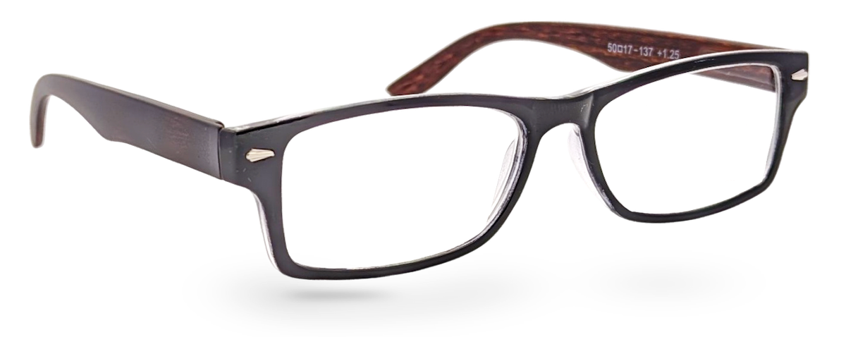 Eyelevel-UK Kennedy reading glasses with a black and wood effect rectangular frame and clear magnifying lenses