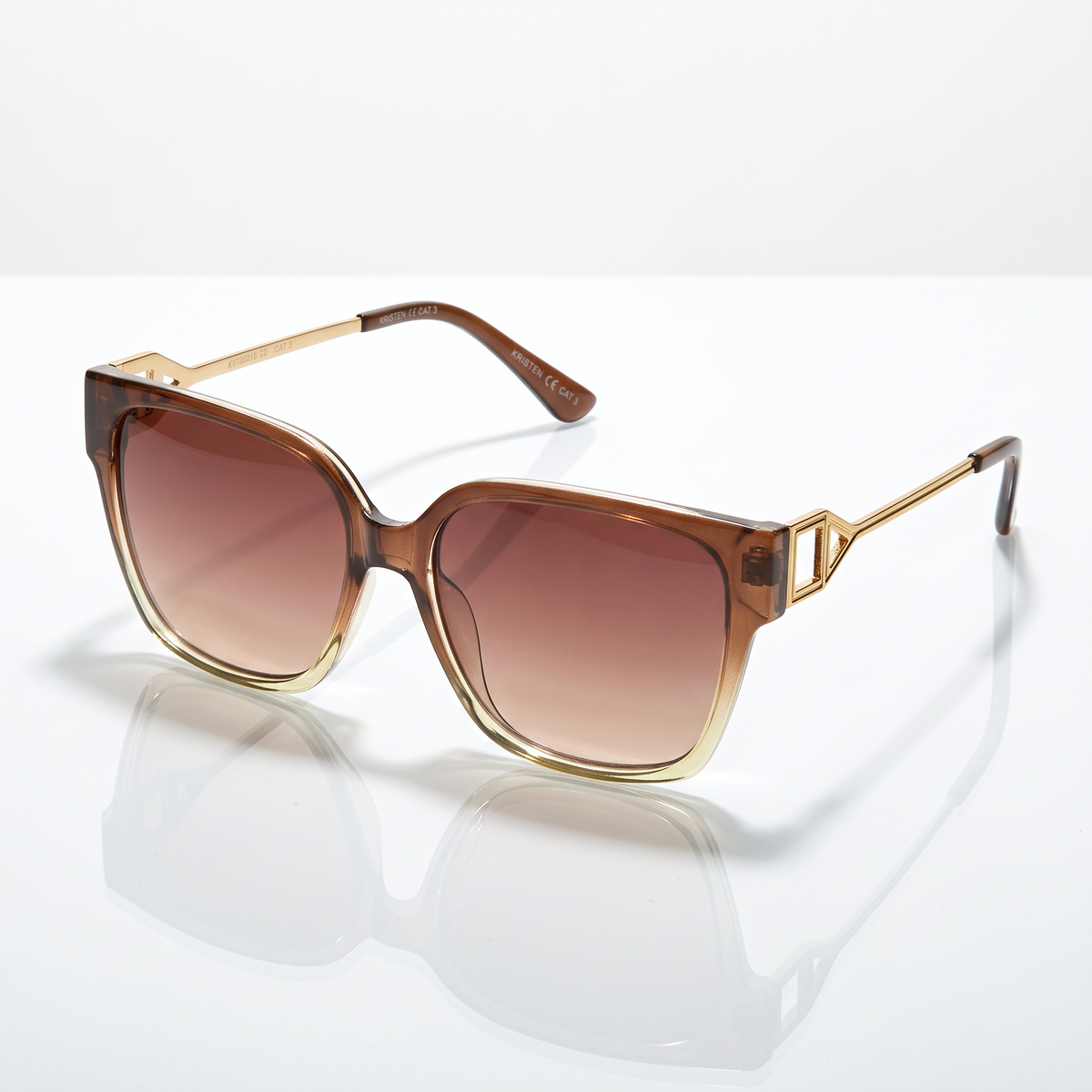 Eyelevel-UK Kristen square ladies sunglasses with brown crystal frame, gold temples, and brown gradient UV400 lenses.