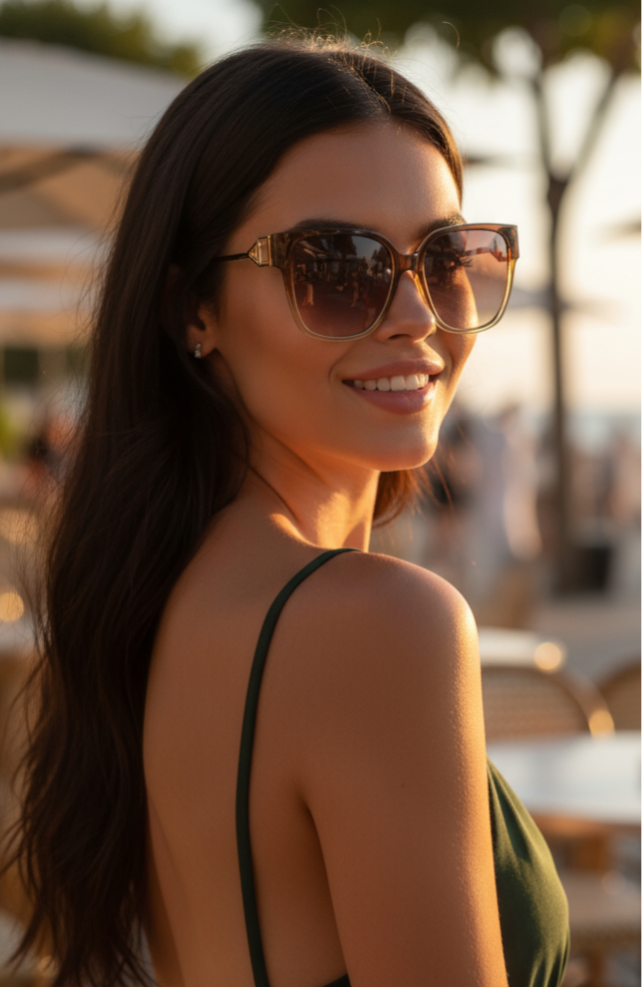 Eyelevel-UK Kristen square sunglasses with brown gradient lenses and crystal gold frame worn by a woman outdoors
