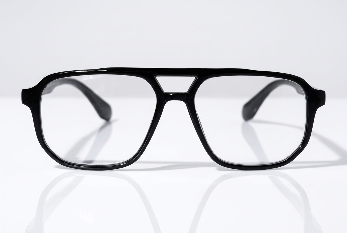 Eyelevel-UK Lancaster black square reading glasses with a full rim plastic frame and clear magnifying lenses.