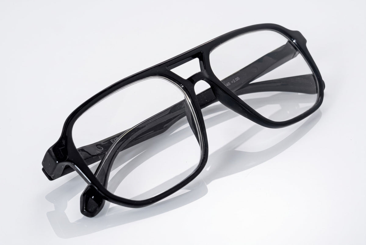 Eyelevel-UK Lancaster black square reading glasses with a full rim plastic frame and clear magnifying lenses.