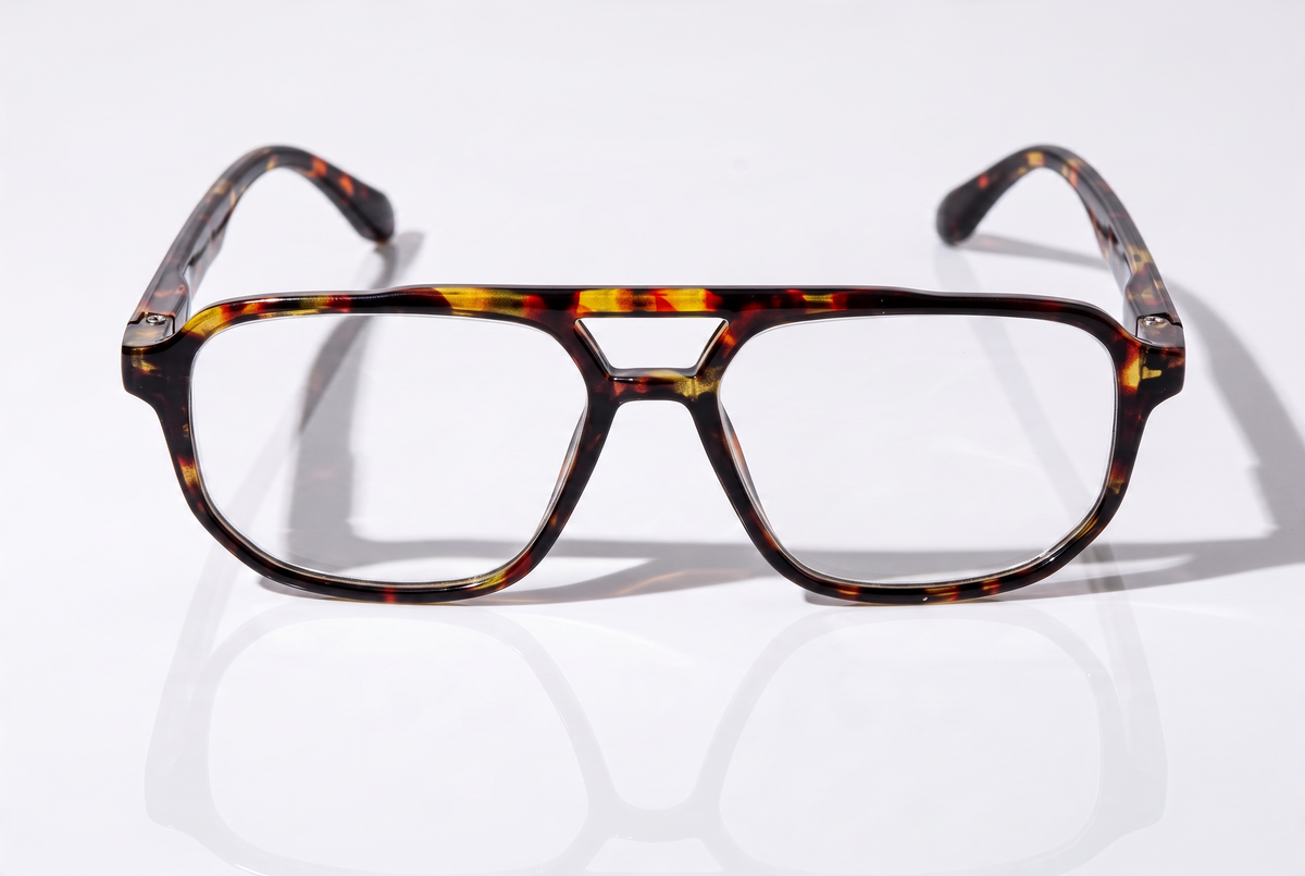 Eyelevel-UK Lancaster brown tortoiseshell square reading glasses with a double bridge design on a white background.