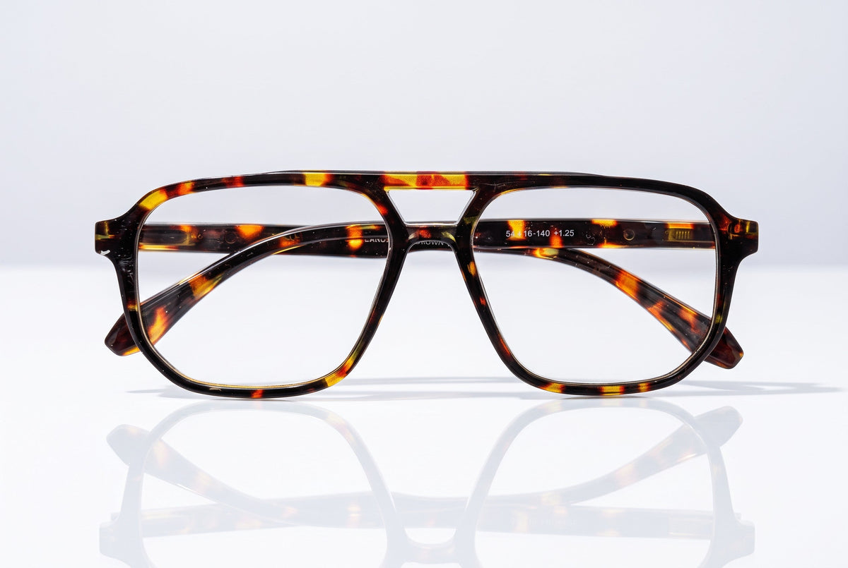 Eyelevel-UK Lancaster brown tortoiseshell square reading glasses with a double bridge design on a reflective surface.