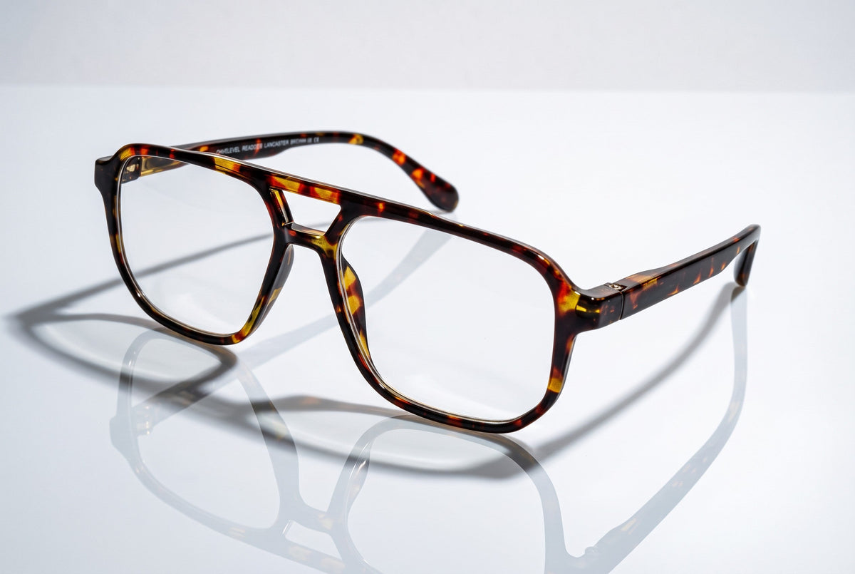 Eyelevel-UK Lancaster brown tortoiseshell square reading glasses with a retro double bridge design on a white surface.