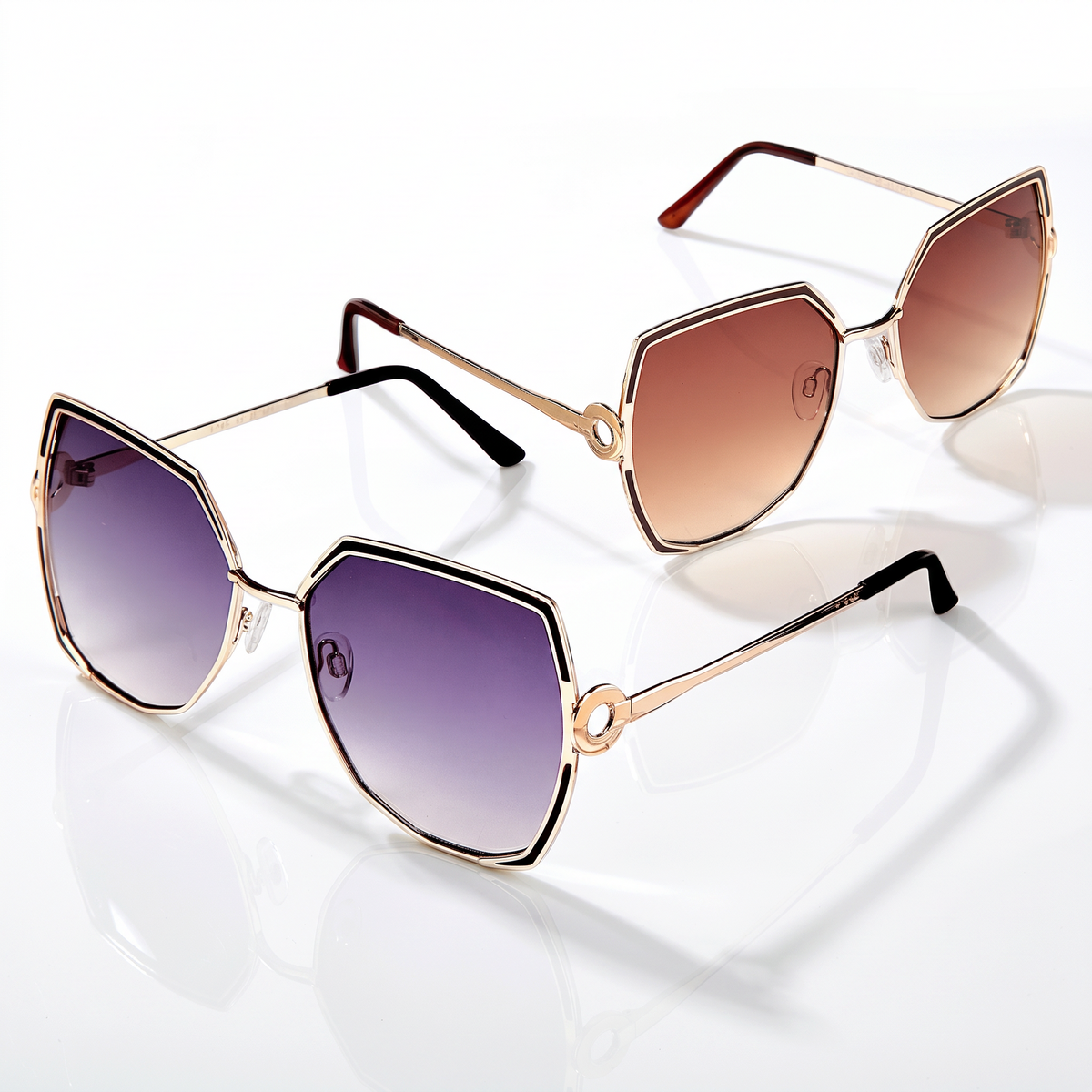 Eyelevel-UK Lauren geometric ladies sunglasses in light gold with grey and brown gradient lenses on white background