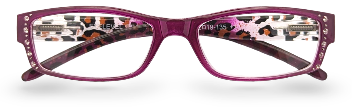 Eyelevel-UK leopard print and pink rectangular reading glasses with crystal embellishments on the frame corners