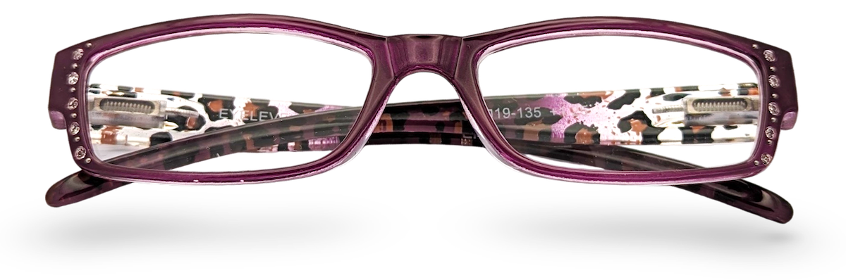 Eyelevel-UK rectangular reading glasses with a pink frame, leopard print temples, and decorative side crystals.