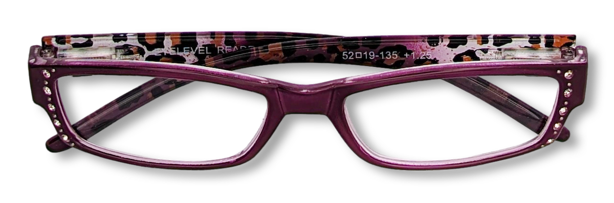 Eyelevel-UK rectangular reading glasses with a pink leopard print frame and decorative crystal accents on the sides.